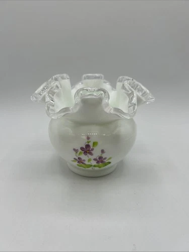 Fenton Silver Crest Violets in Snow Rose Bowl Hand Painted By Debbie Owens