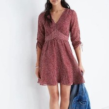 Madewell Red Floral Mini Dress Size 4 V-Neck Ruched Sleeves Lined Flowy Fit