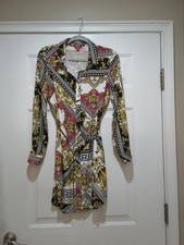GUESS Women’s Multicolor Baroque Collared Long Sleeve Button Shirt Dress Short M