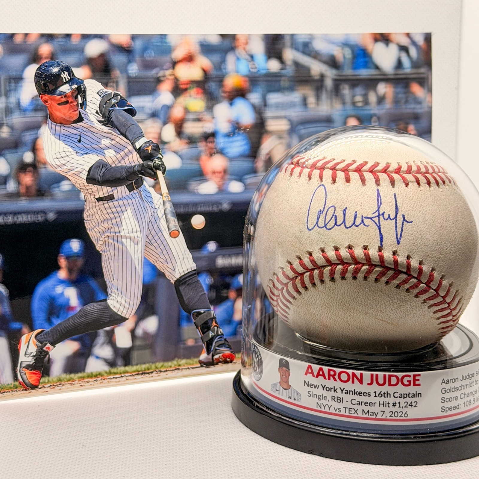 Aaron JUDGE Game Used RBI Single Auto Baseball w/ Lineup Card 2026 MLB Fanatics view 2
