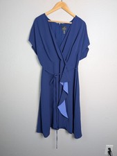 Adrianna Papell Dress Womens 14W Blue Knee Length Wrap Chiffon V-Neck Ruffle