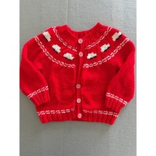 Handmade Vintage Red Sheep Knit Cardigan Sweater Kids Fair Isle Yoke