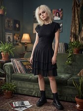 Vintage 90s Black Lace Midi Dress 4 Small Tiered Ruffle Chiffon Fit Flare Gothic