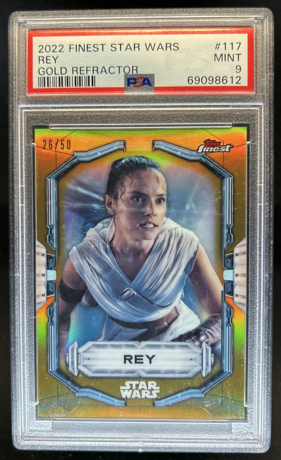 2022 Topps Finest Star Wars Rey Refractor Gold #/50 PSA 9 view 1