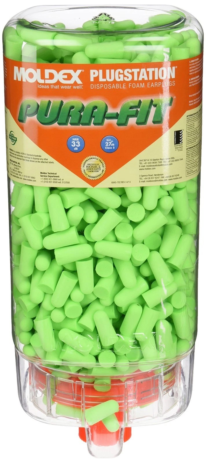 Moldex 6845 Pura-Fit Uncorded Foam Ear Plugs 500 Pairs in a Dispenser, NRR 33 dB