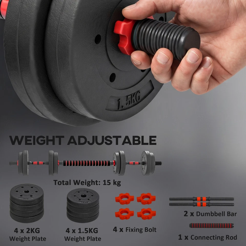 HOMCOM 15 kg Adjustable 2 in 1 Barbell Dumbbells Weight Set for Body Fitness, photo 4 of 5