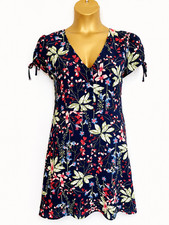 M&S Collection Tea Dress UK 16 Navy Floral V Neck Mini Tie Sleeve Summer