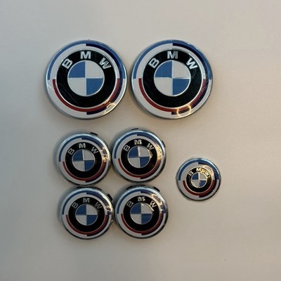 BMW 50th Anniversary Emblem FULL Kit   Front , Back, Steering Wheel & 4 Wheels.