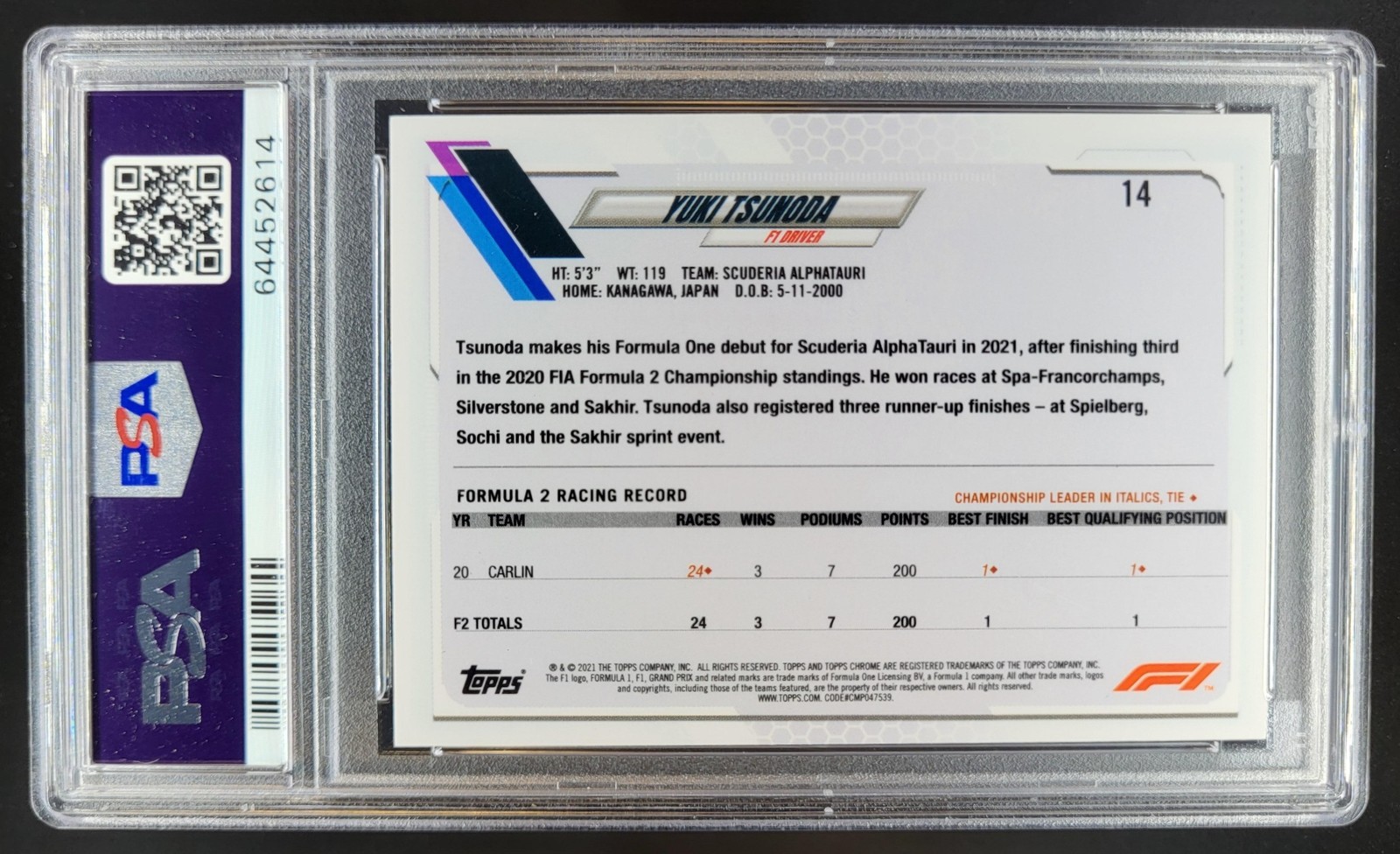 2021 Topps Formula 1 Yuki Tsunoda #14 SP PSA 8 MC7 view 2