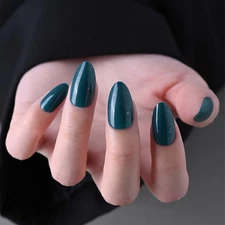 evpct Press on Nails Almond Short, Dark Cyan Green Glitter Shimmer Shiny Shor...