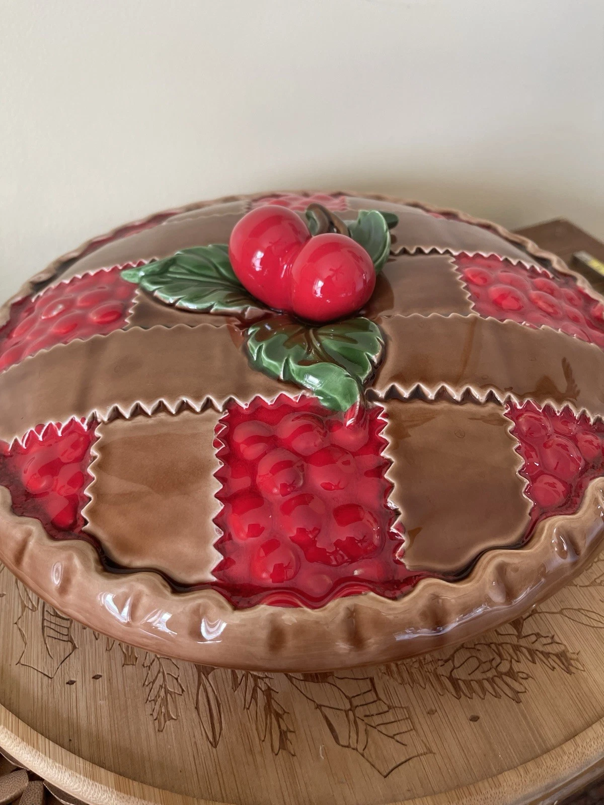 Vintage Trompe L'Oeil Cherry Pie Ceramic Covered Serving Dish. Made In Japan