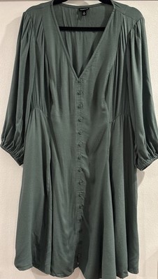 Torrid Women Mini Dress Brush Flannel Puff Sleeve Button Down Skater Green SZ 0X