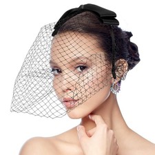 Black Veil Mesh Bow Veils Funeral Hat Headband with Rhinestones, 1920s Fascin...