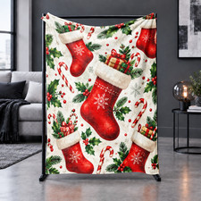 Red Stockings Candy Canes Holly Snowflakes Coral Fleece Blanket