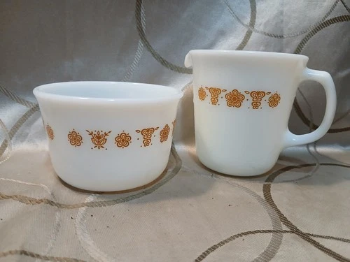 Pyrex Creamer and Sugar Bowl Butterfly Gold VTG