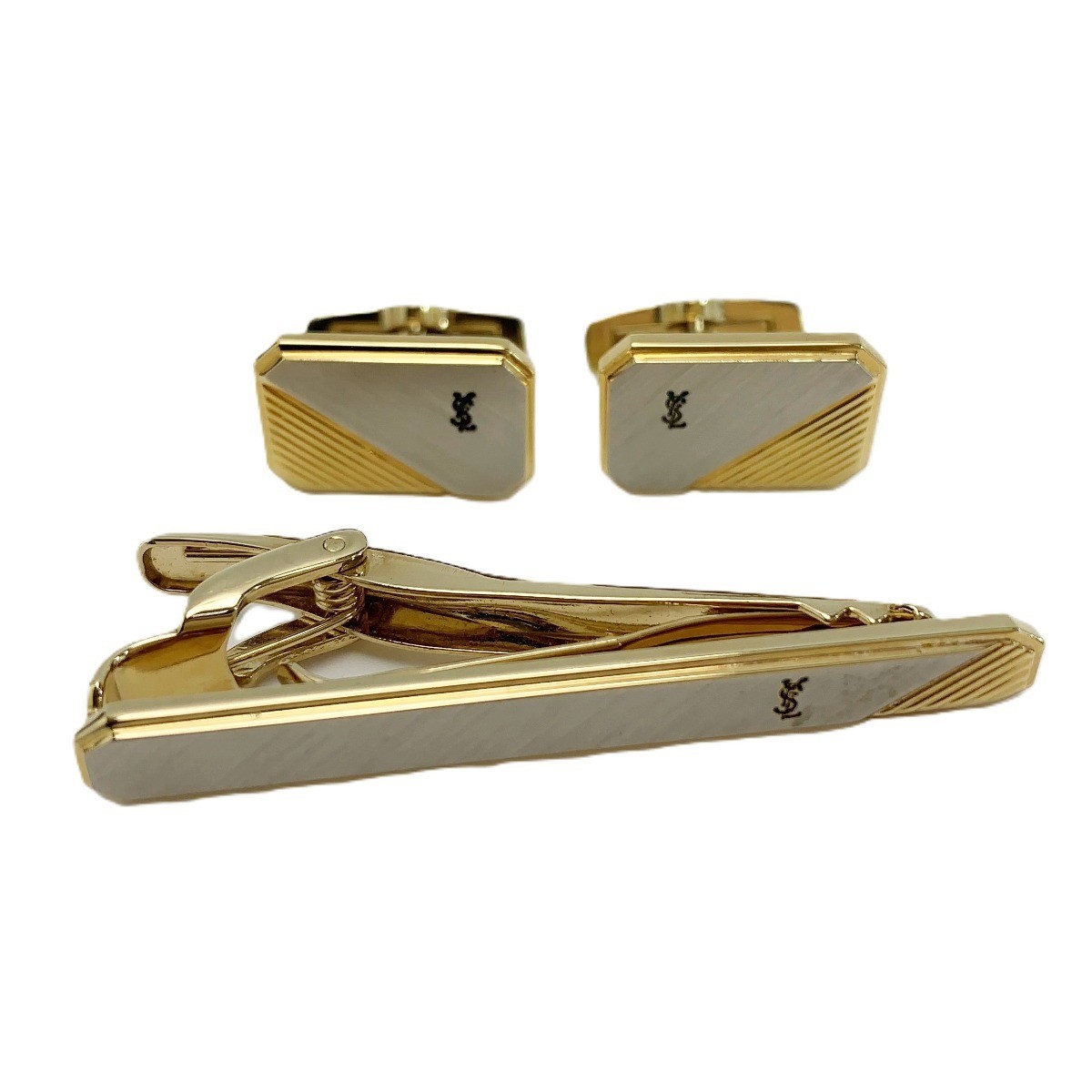 Yves Saint Laurent Shell Cufflinks Tie Clip 5055 Combination Stainless Steel Wit thumbnail 2