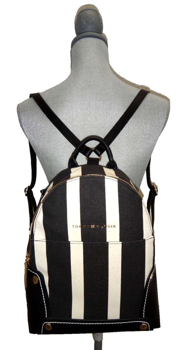 TOMMY HILFIGER Womens Striped Backpack Black White Canvas  display picture 3