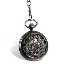 Unique Phoenix and Dragon Skeleton Hand Winding Mechanical Pocket Watch Pendant