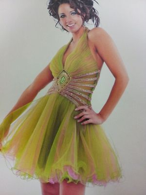 Precious Formals Green Pink Short Halter Beaded Sequin Prom dress size 0 .  | eBay