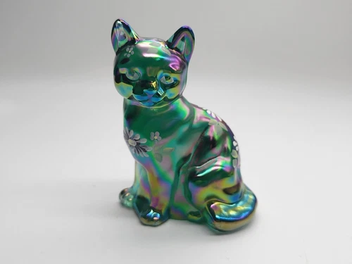 Fenton Sitting Cat Spruce Green Carnival Glass Floral Hand Painted C Mackey