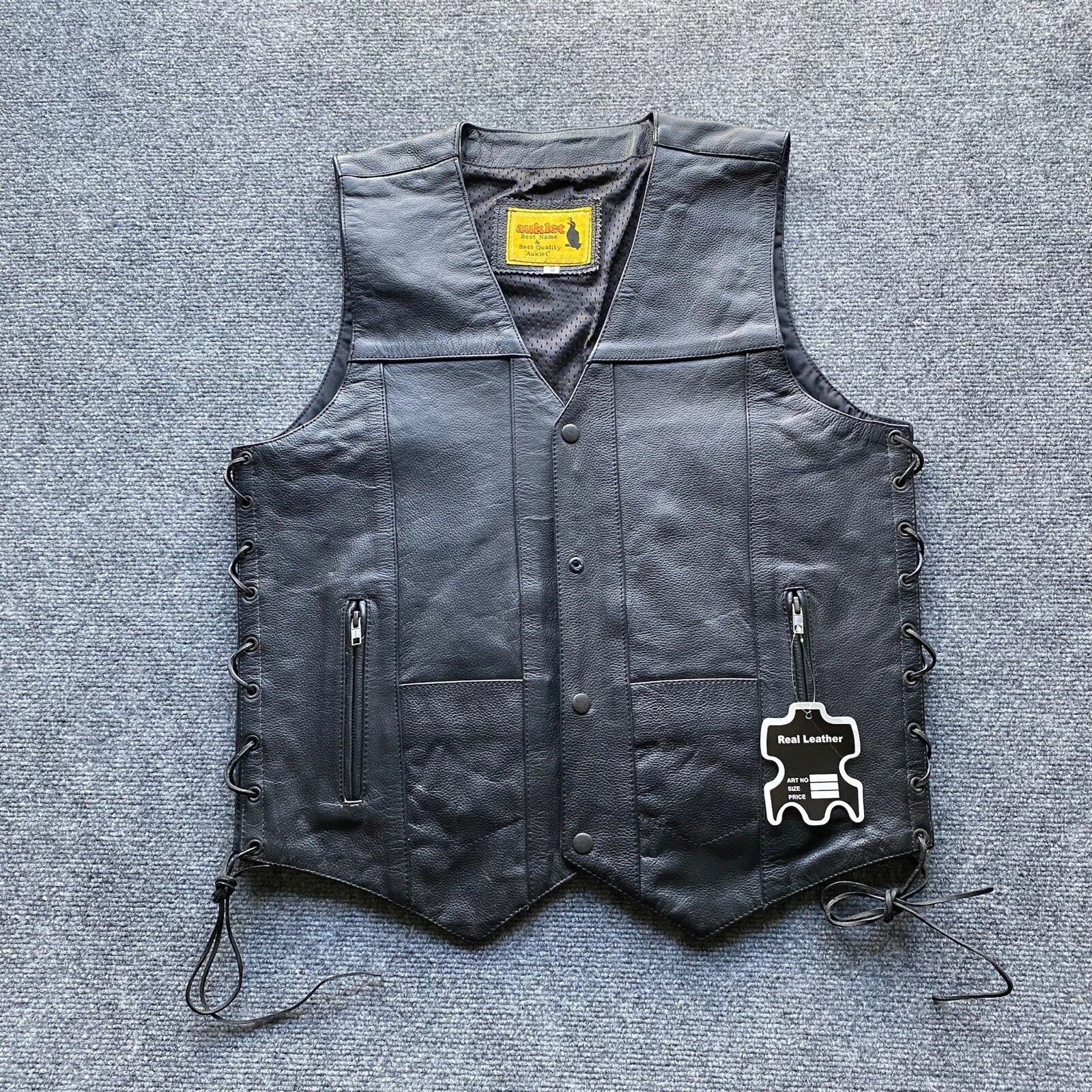 Auklet Vest Mens Small Black Leather Moto Full Zip Motorcycle Front Zip Pockets