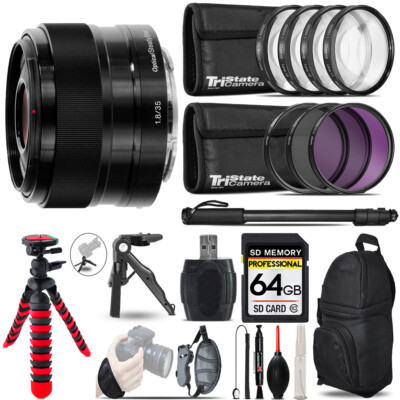 Sony E 35mm f/1.8 OSS Lens +MACRO, UV-CPL-FLD Filter + Monopad -64GB