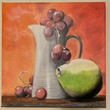 Original oil painting realism, Grapes Pear. 10x10 in. artist Arsenio Echevarria