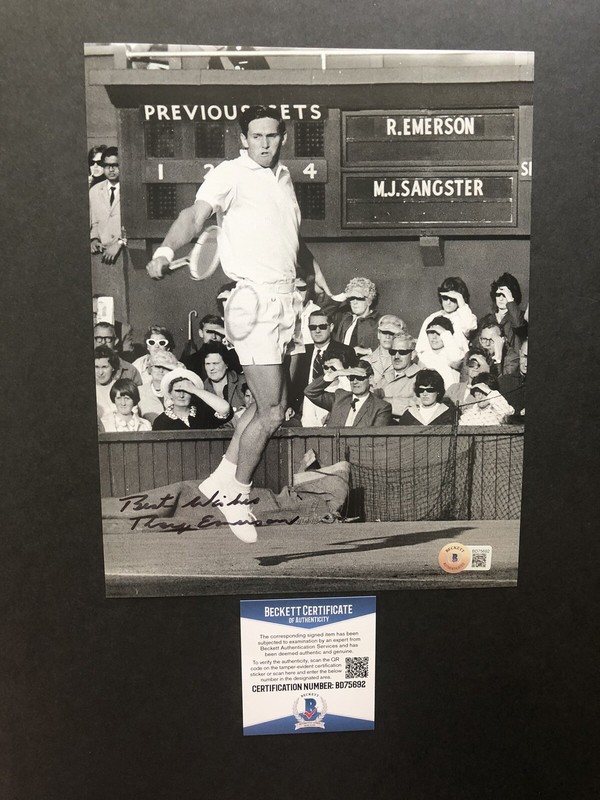 Roy Emerson autographed signed 8x10 photo Beckett BAS COA Tennis Wimbledon ATP