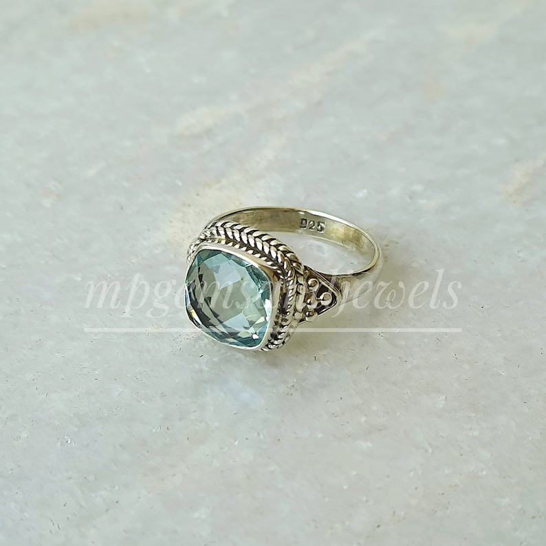 Natural Aquamarine 925 Sterling Silver Band& Statement Ring Handmade  All Size
