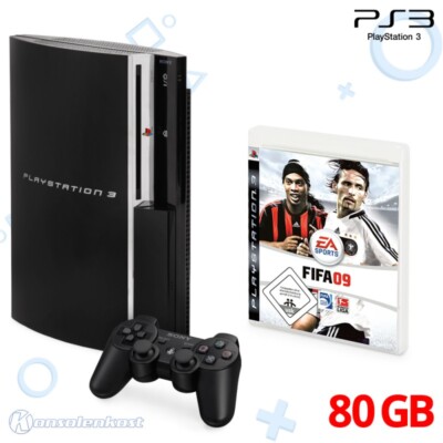 PS3 - Konsole 80GB #schwarz + FIFA 09 + Original Controller + Zub