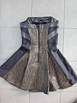 milly woven trim flare dress Milly Strapless Corset Dress Fit and Flare Gold Black Leather Trim sz.0 NWT