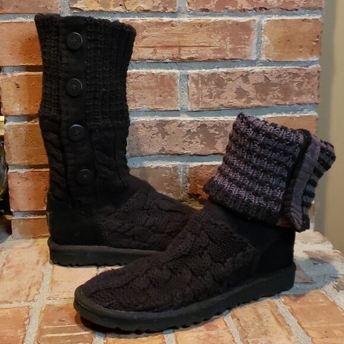 UGG Leland Cable Knit Black Boots, Size 