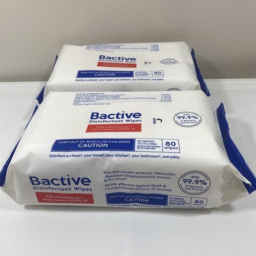 2 x 80ct Bactive Disinfectant Wipes Kills 99.9 Bacteria and Viruses BB