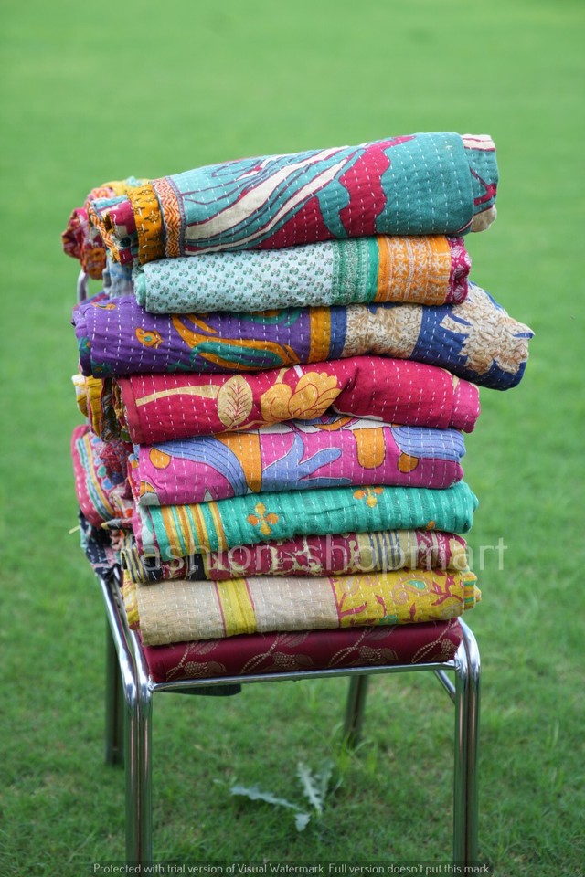 Indian 5 PC Vintage Kantha Quilt Cotton Bedding Bedspread Throw Twin