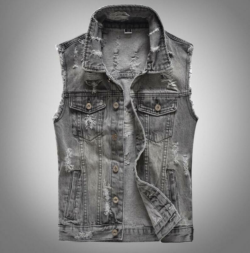 ジャケット・アウター 6 ROKU timemachine crushed denim vest Autumn Vintage Mens Denim Vest Sleeveless Jackets Ripped Hole Jean