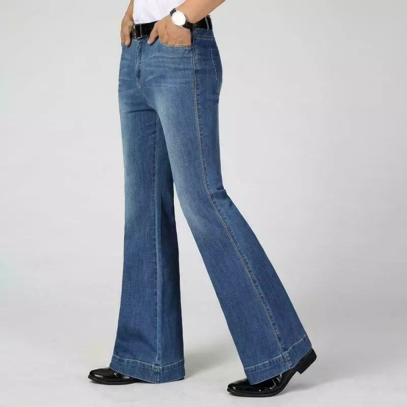 Men Bell Bottoms Jeans Flared Denim Pants 60s 70s Wide Leg Trousers Blue Autumn