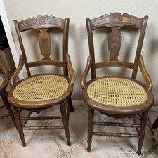 Antique Eastlake Victorian Caned Seat Dinette Chairs Burlwood Inlay Set of 4