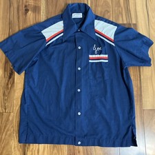 Vintage 1960s 1970s Hilton Chain Stitch Mens Medium Bowling Shirt Navy Insurance