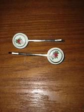 Pair Set Of 2 Vintage Hair Pins Pink Red Rose Design