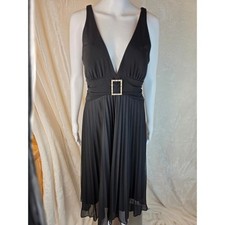 Black V Neck Embellished Buckle Pleated Midi Dress Womens Size L