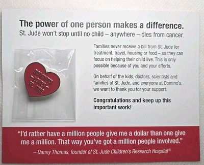 St. Jude Children's Research ''Domino's -Loves- St. Jude'' HEART Hat PIN 