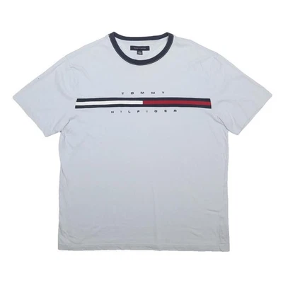 TOMMY HILFIGER Hommes Blanc & Bleu Marine T-Shirt L Manche Courte Ras Manche - Photo 1/4