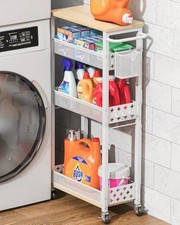Slim Storage Cart 4 Tier Laundry Cart with Wheels, Narrow Metal Kitchen White