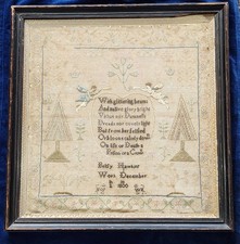 Bezauberndes antikes 1800 Georgian In Memoriam Sampler Engel & poetischer Vers gerahmt