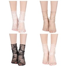 4 Pairs Women Sheer Slouch Socks Lace One Size Black, White, Apricot, Khaki