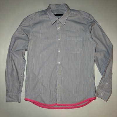 SOPHNET JP Button Shirt Mens Large Blue Striped Pink Hem Made in Japan Elegant