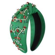 Christmas Lights Headband Women Jeweled Crystal Wide Knotted Green Holiday