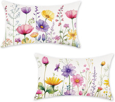 Spring Summer Pillow Covers 12x20 Inch Set of 2 Floral Colorful Flowers Decorati
