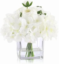 Fake Flowers in Vase, White Hydrangea Ranunculus Artificial Flowers with Vase,