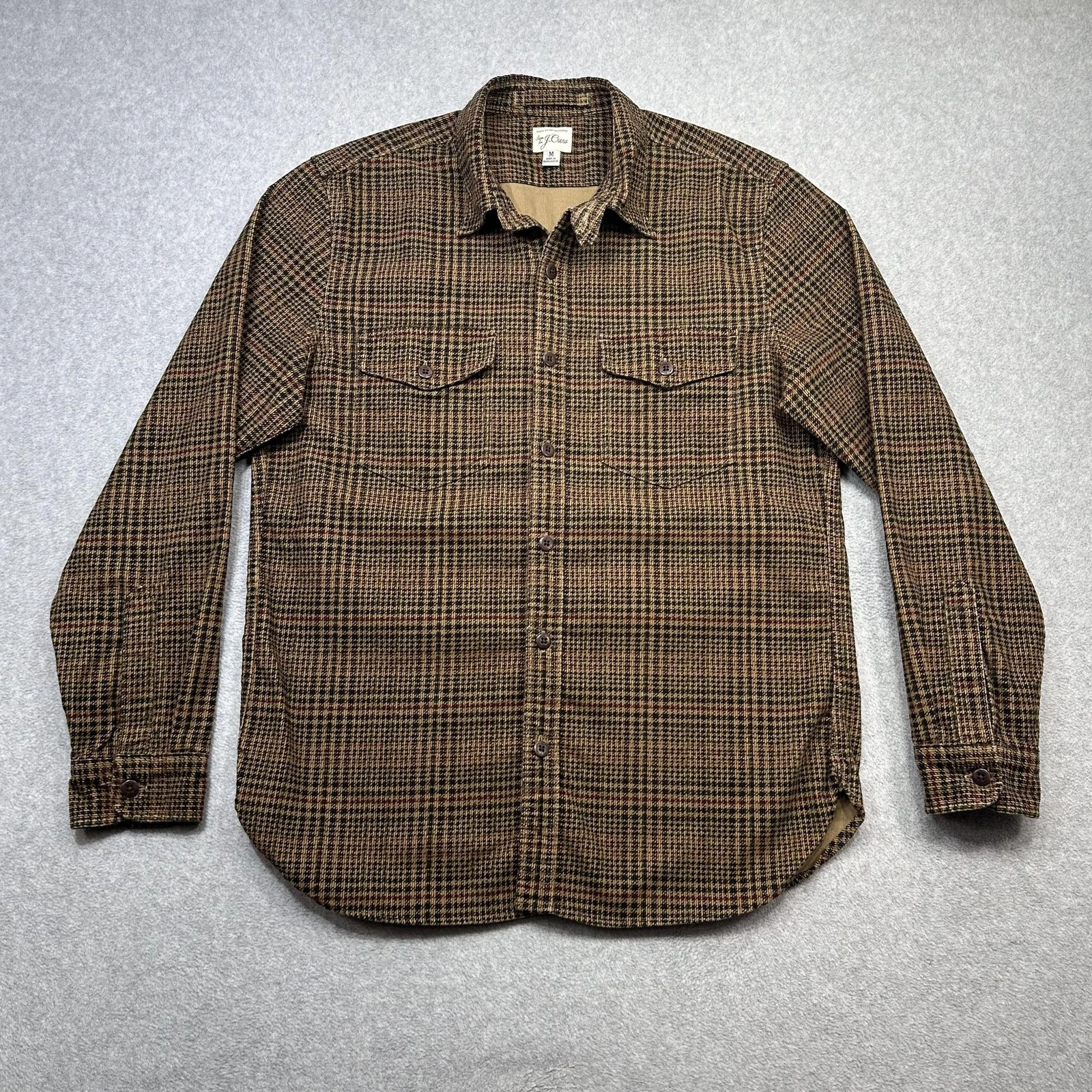 J Crew Corduroy CPO Shirt Mens Medium Brown Houndstooth Plaid Long Sleeve